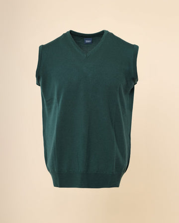 Camisola Decote em V Sem Mangas 100% Lã Merino em Verde Escuro
